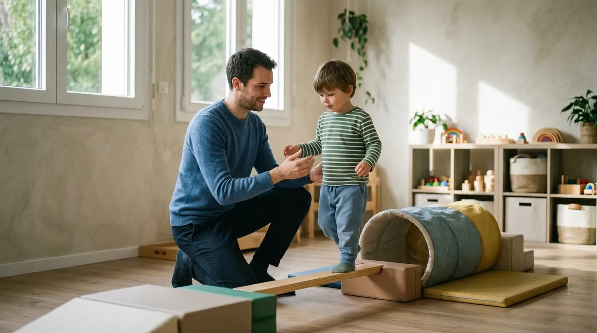 Psychomotricien accompagnant un enfant dans un parcours moteur